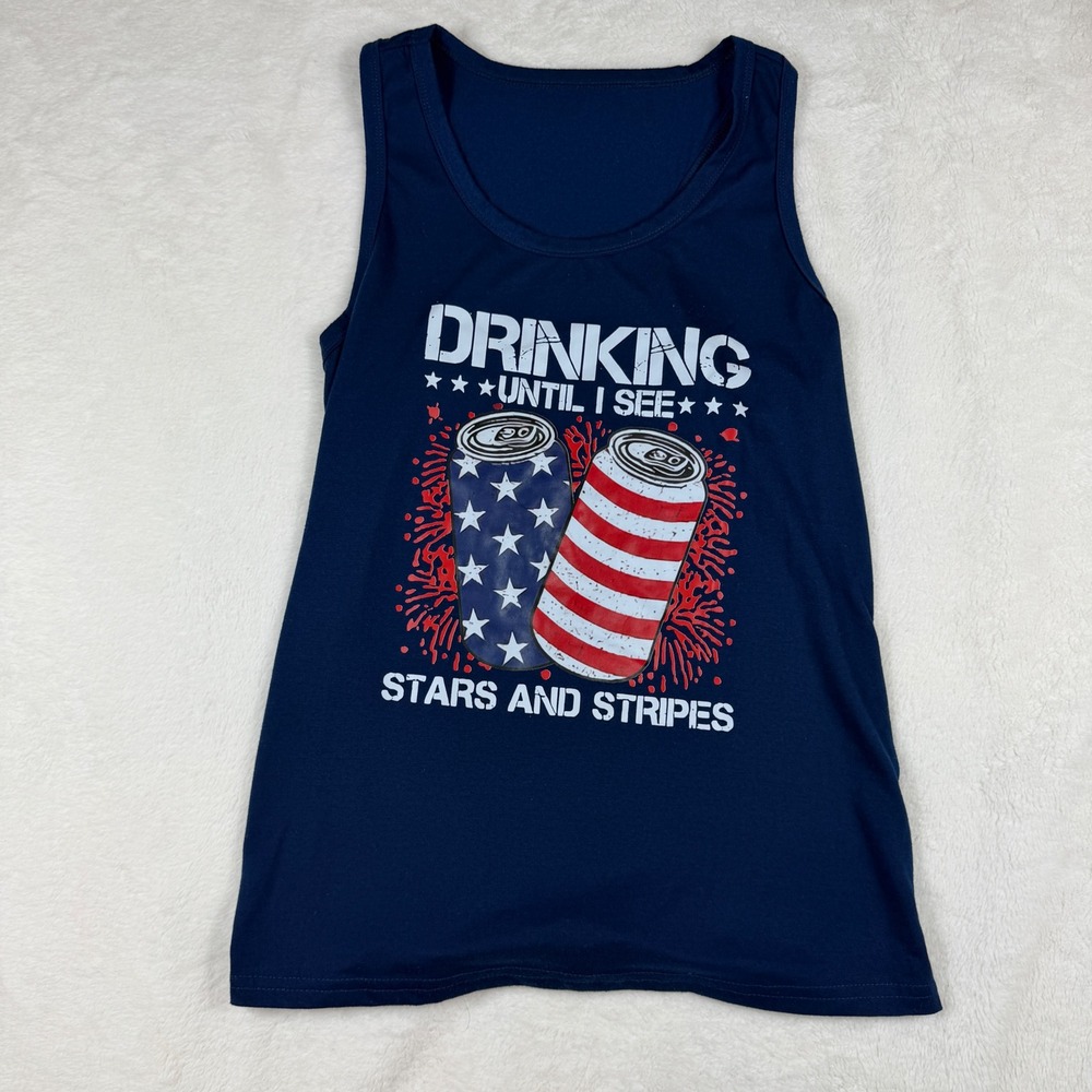 Drinking Until I See Stars and Stripes Navy Blue Graphic Tank Top Mens Small